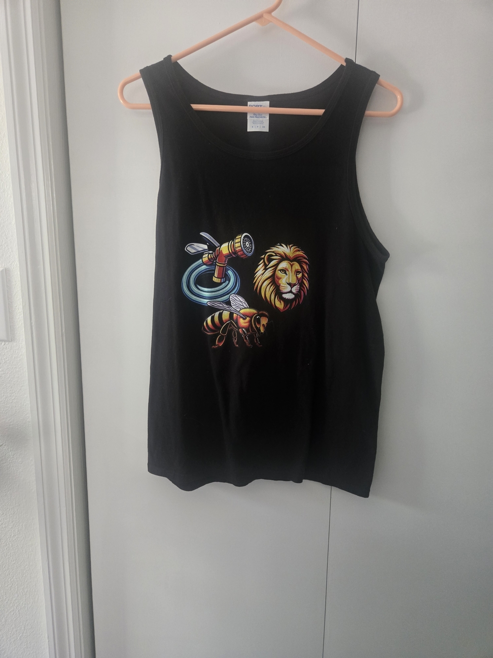 Port and Company Black Muscle Tee with Colorful Lion and Bee Graphic